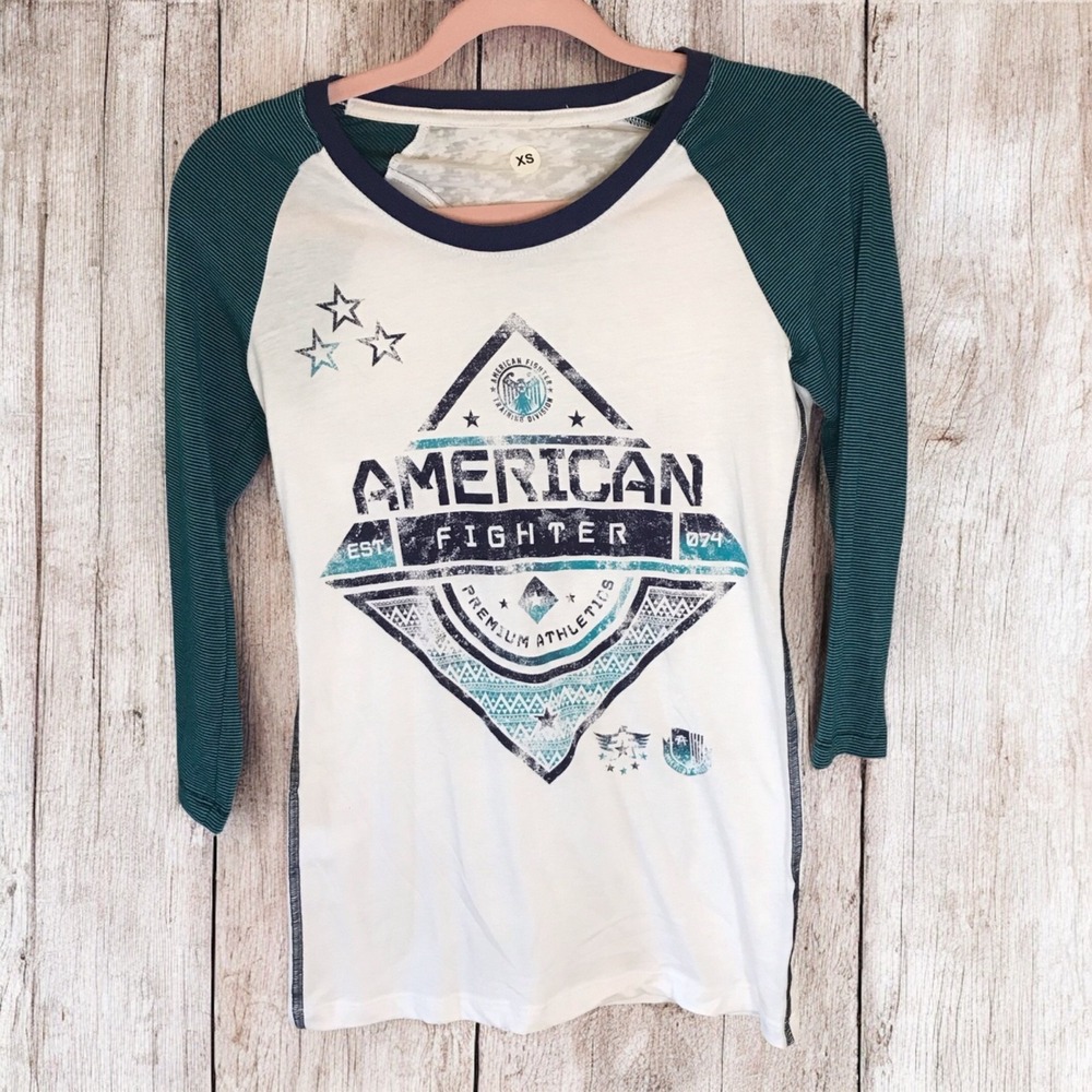 NWT AMERICAN‎ FIGHTER Women's T-Shirt 3/4 sleeve Colby Raglan Tee Bikersz XS